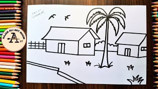 How to draw Simple village Scenery Drawing || village Scenery for kids || village Scenery 