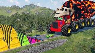 Giant LAVA TANKER Mack Truck VS Cars Lightning McQueen & Police Car Downhill Race - Beamng.Drive screenshot 1