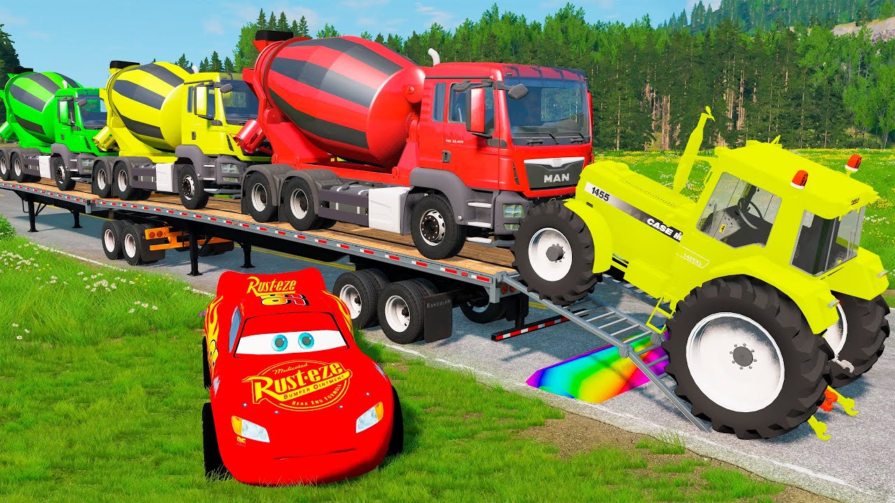 TRANSPORTING PIXAR CARS & FRUITS WITH COLORED & JOHN DEERE vs CLAAS vs TRACTORS - BeamNG.drive