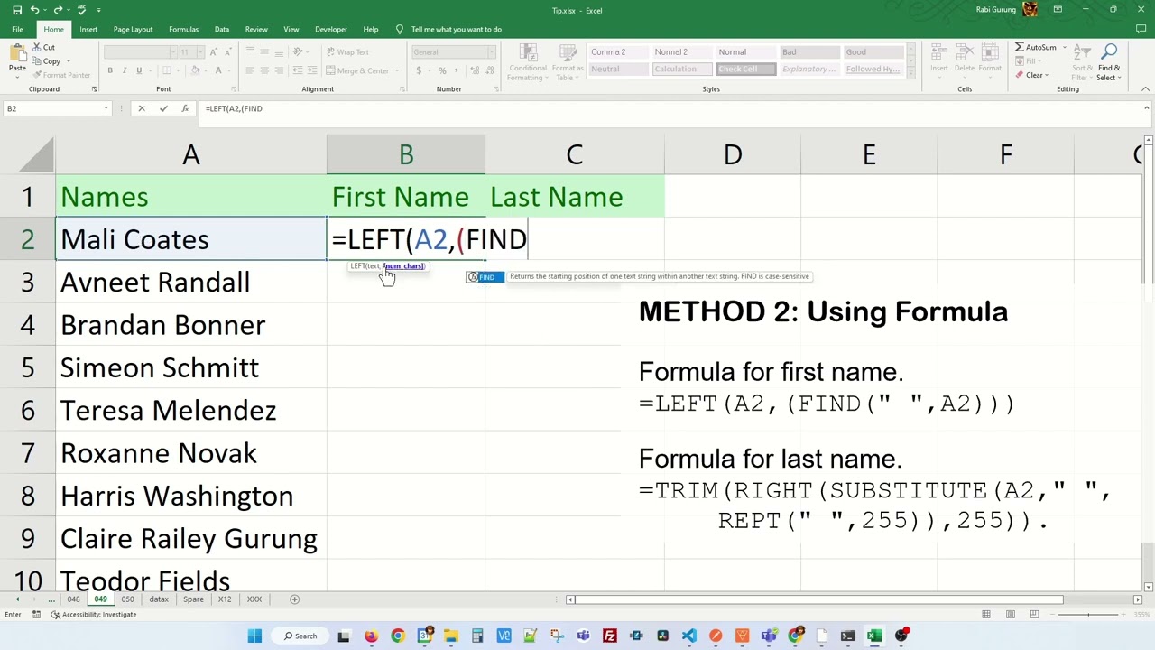 Separate First Name And Last Names Excel Tips And Tricks YouTube Separate First Name And Last Names Excel Tips And Tricks YouTube