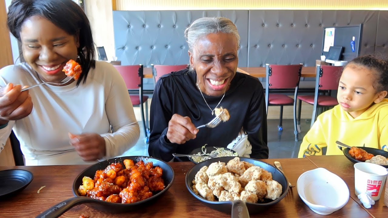 Mom TRIES Korean Fried Chicken for the First Time!! *She Can't stop eating*