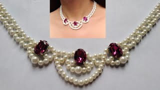 Make a beautiful pearl necklace with crystal rhinestone. Easy diy tutorial for beginners.