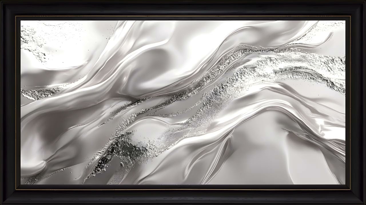Monochromatic Silver Flow Waves Abstract Art: Framed TV 4K Screensaver