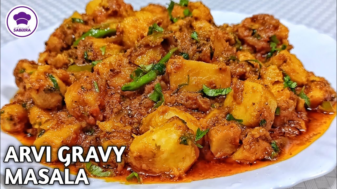 Arvi Gravy Masala Recipe in Pressure Cooker | Punjabi Arbi Masala