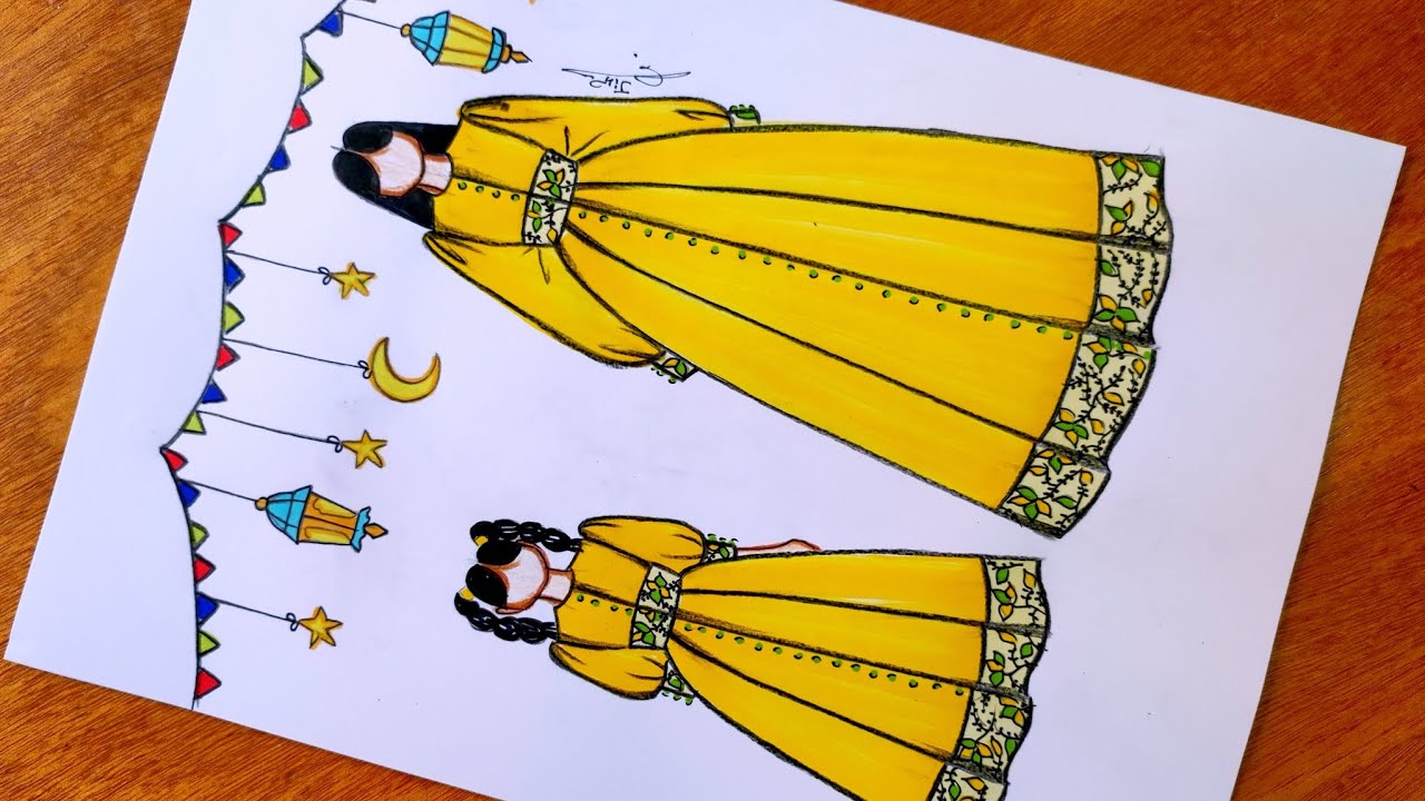 رسم ام مع بنتها بفساتين جميلة لشهر رمضان🌙✨ سهلة جدا بالخطوات | رسم أزياء رمضان | رسم فساتين