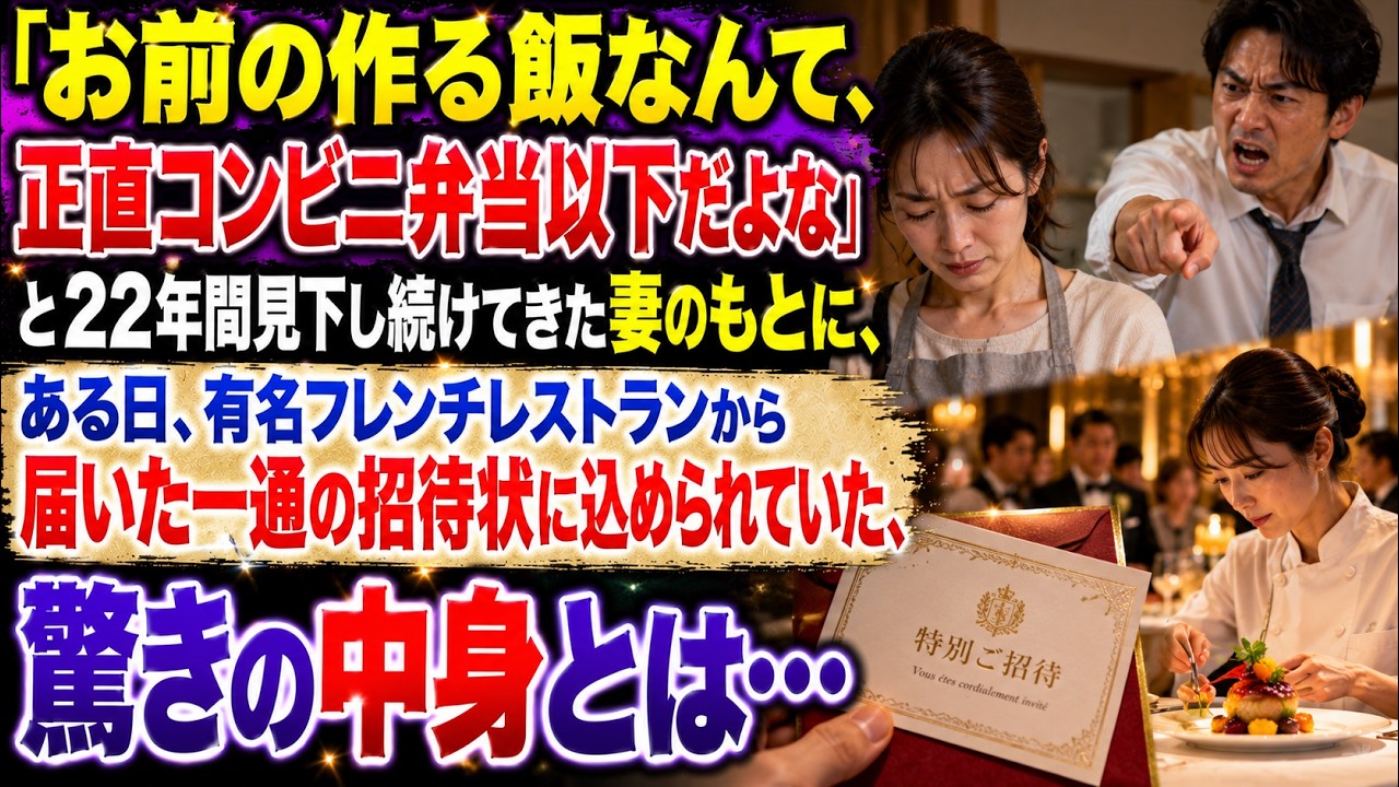 【スカッとする話】夫「お前の作る飯なんて、正直コンビニ弁当以下だよな」と二十二年間見下し続けてきた妻のもとに、ある日、有名フレンチレストランから届いた一通の招待状に込められていた驚きの中身とは【朗読】