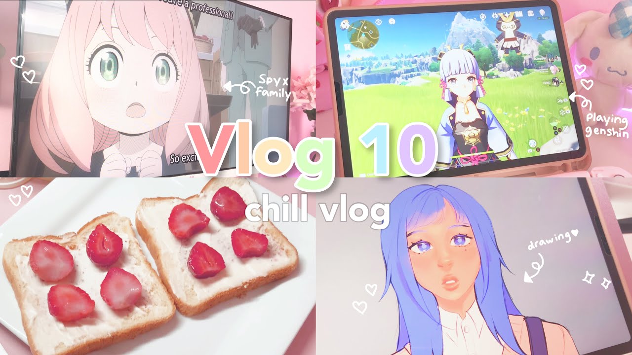 chill vlog 💞 watching anime, pulling for itto, playing genshin, drawing, lots of food + more !