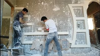 تنفيذ مكتبة جبس بلدي من البداية للنهاية Handmade gypsum ceiling decoration 2020