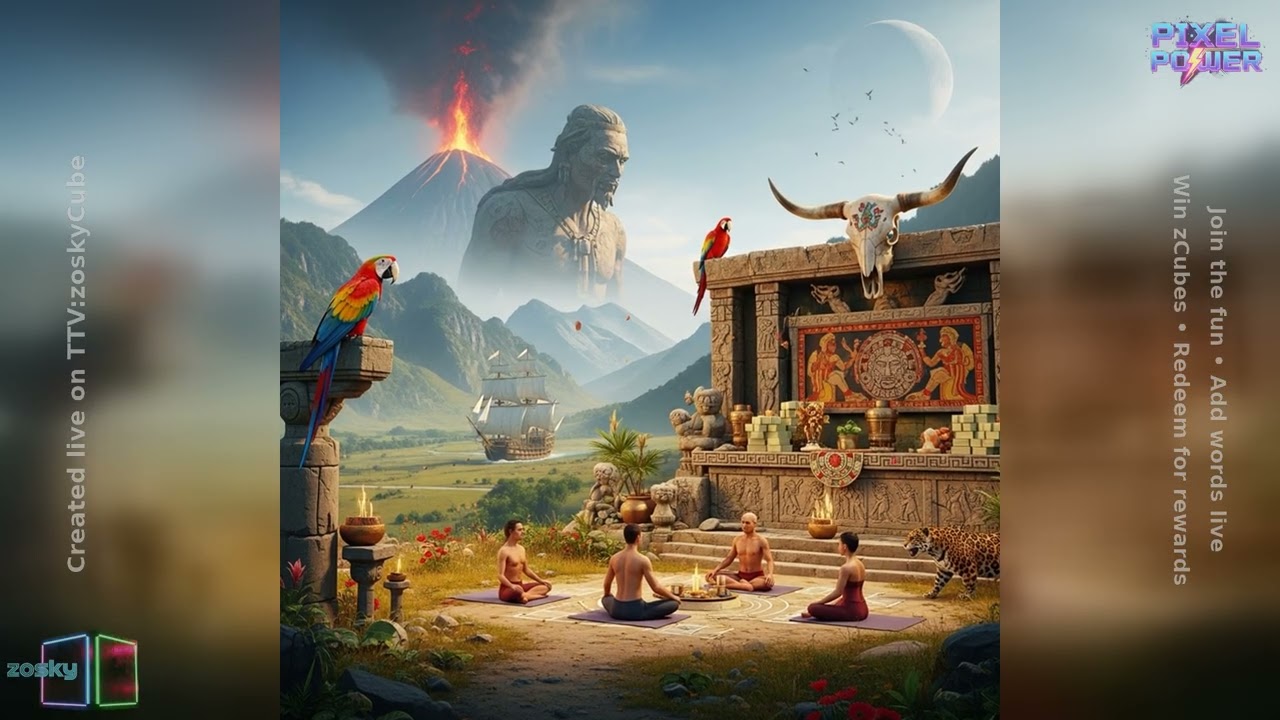 (176926) pixelPower: **Volcano-lit rimrock, giant watches galleon arrive, jaguar stalks fiesta.**