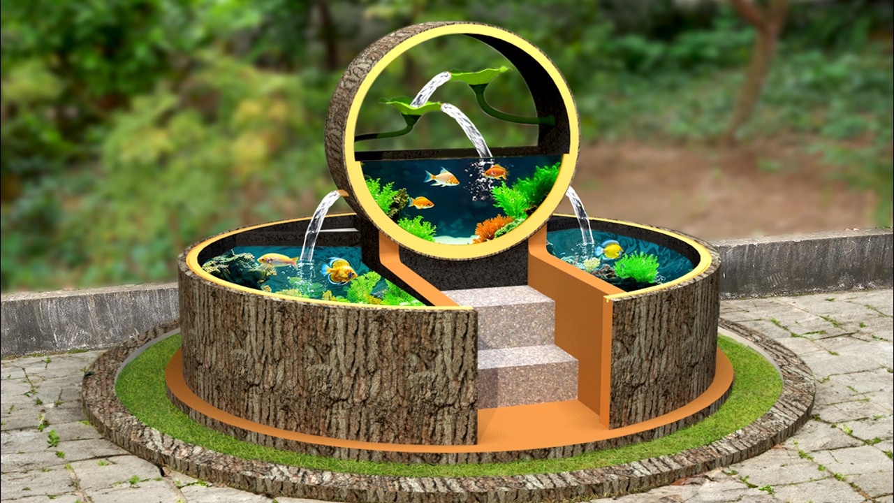 Easy build tree trunk waterfall aquarium in backyard