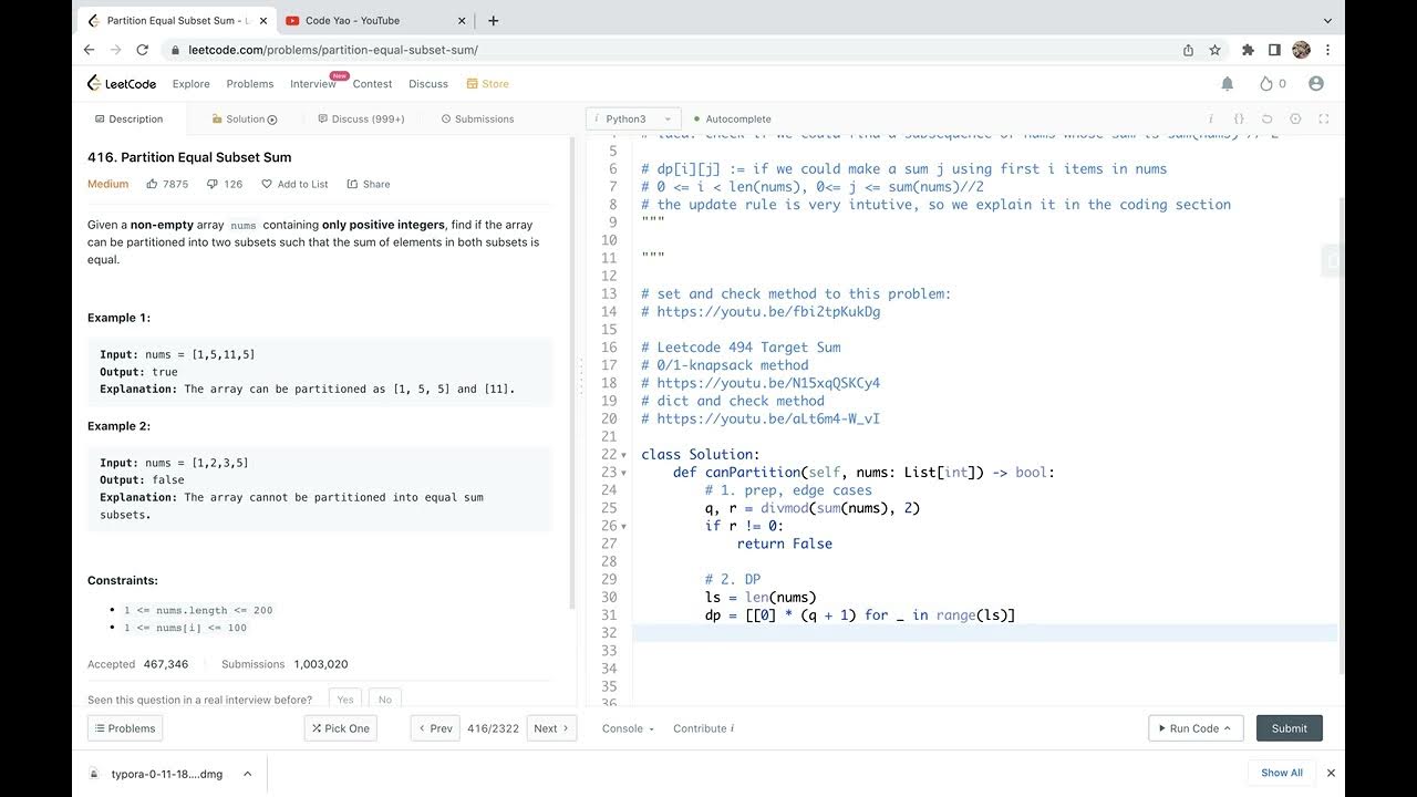 Leetcode 416. Partition Equal Subset Sum - 0/1-knapsack problem DP ...