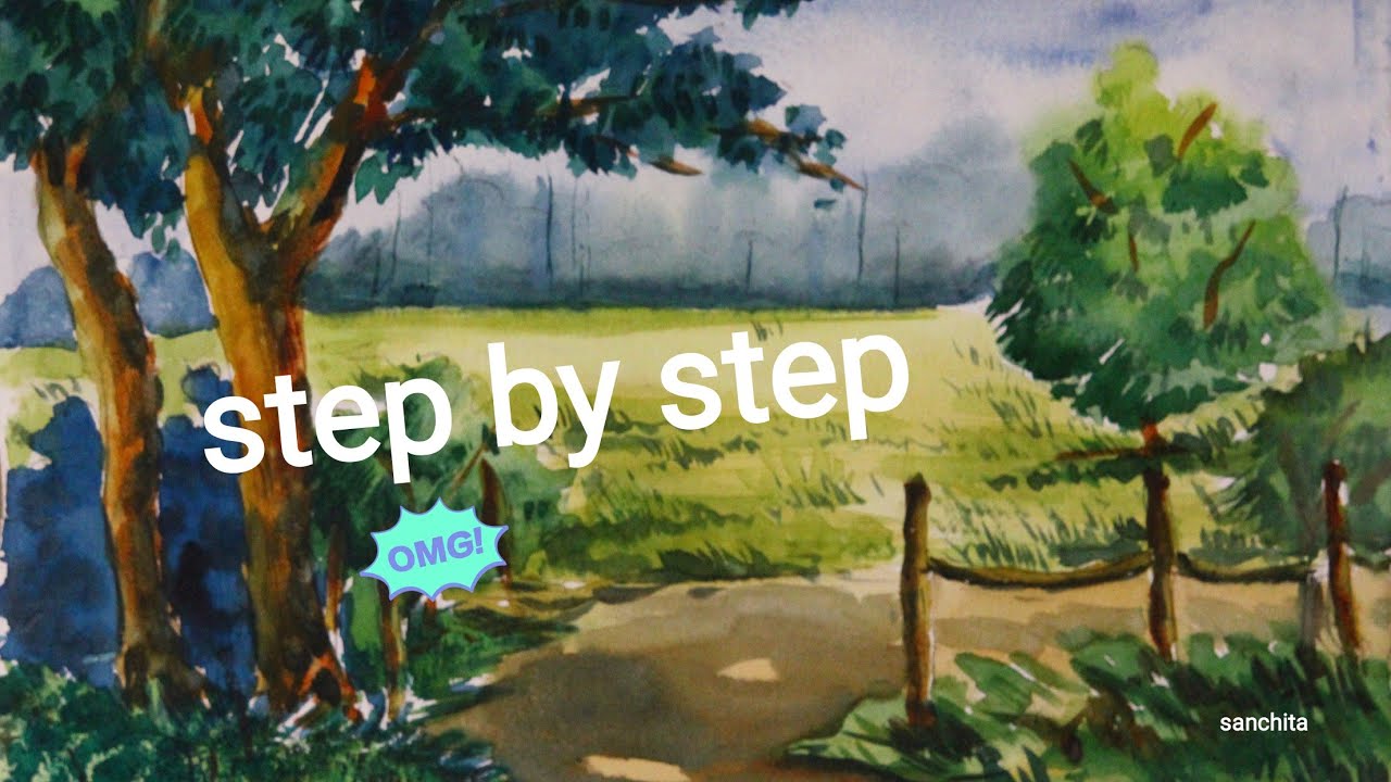 Beginners watercolour : How to draw a landscape-- step by step. - YouTube