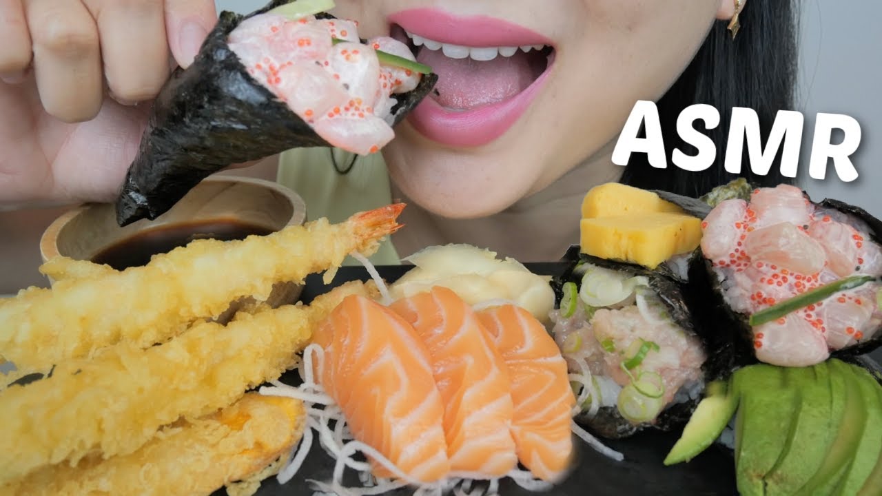 ASMR SUSHI TEMAKI CONES Salmon Sashimi with Shrimp Tempura *NO Talking Eating Sounds | N.E Let's Eat