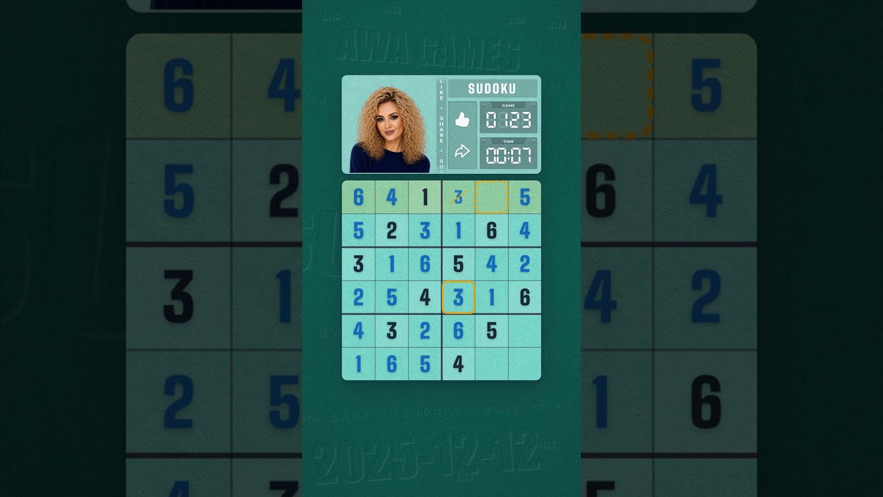 LinkedIn Mini Sudoku #123 solved board for December 12, 2025, 6x6 grid