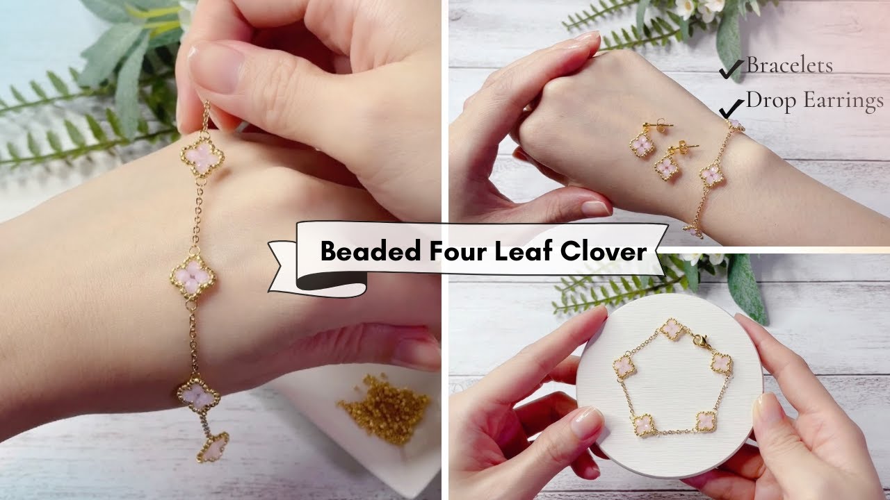 Beaded Four Leaf Clover Bracelet, Earrings / How to bead a clover 