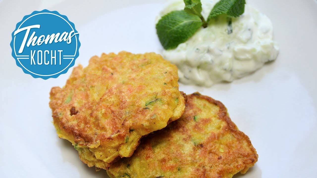 Zucchini Bratlinge mit Gurken-Joghurt-Dip | Video-Rezepte.info