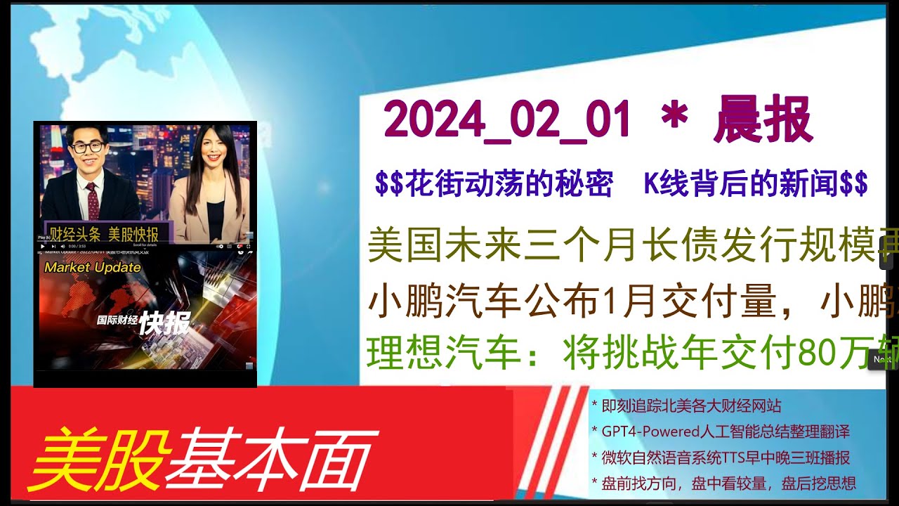 美股基本面- 2024_02_01 * 晨报* 美国未来三个月长债发行规模再创历史记录！。小鹏汽车公布1月交付量，小鹏X9首月交付超2,400台。理想 汽车：将挑战年交付80万辆，实现中国市场豪华-