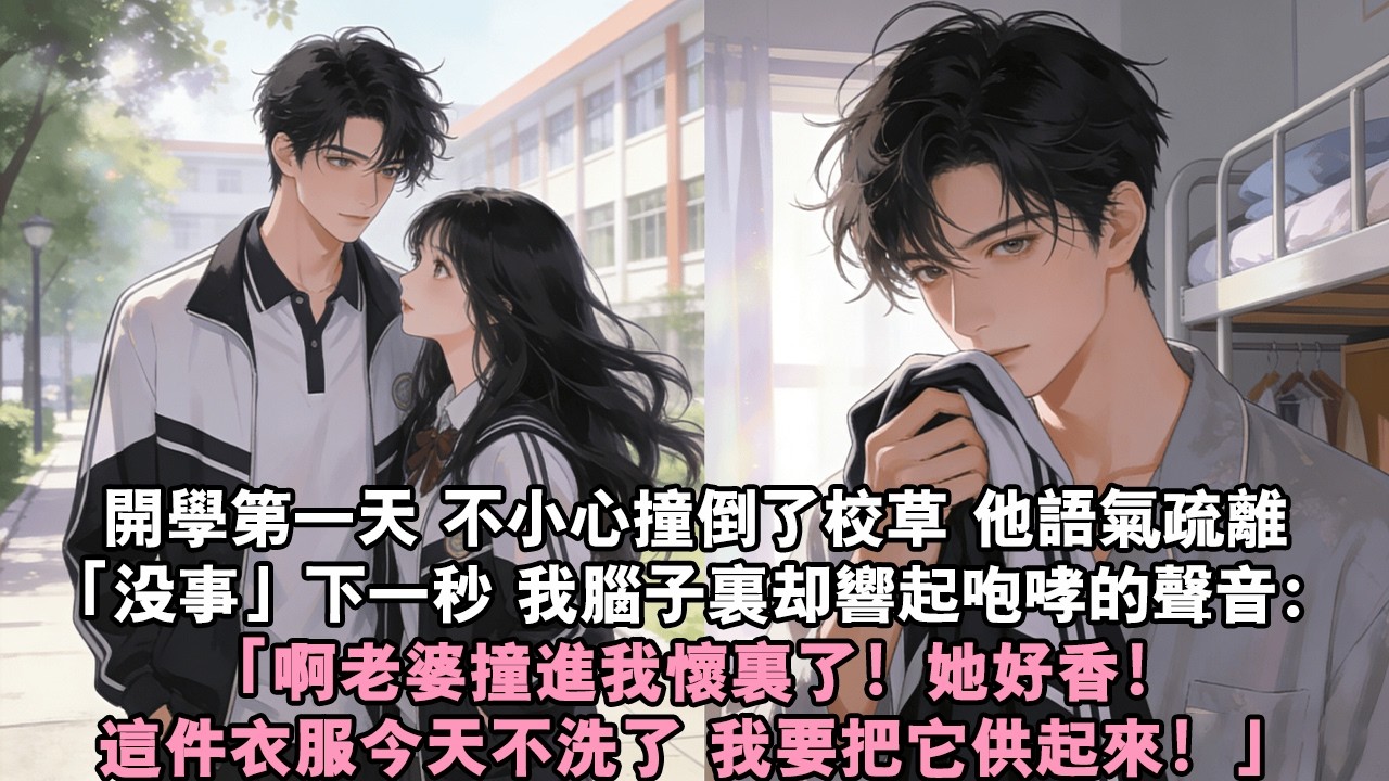 【甜寵爽文】開學第一天，我不小心撞倒了全校最高冷的校草。他語氣疏離「沒事」下一秒，我腦中卻響起一個瘋狂咆哮的聲音：「啊老婆撞進我懷裡了！她好香！這件衣服今天不洗了」我：“？”#甜寵 #霸總