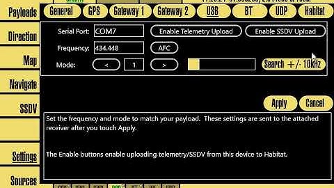 HAB PADD showing signal search function for LoRa serial/USB receiver.