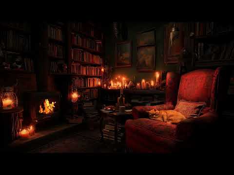 Warm Firelight Through Ancient Bookshelves for Relaxation and Calm Nights