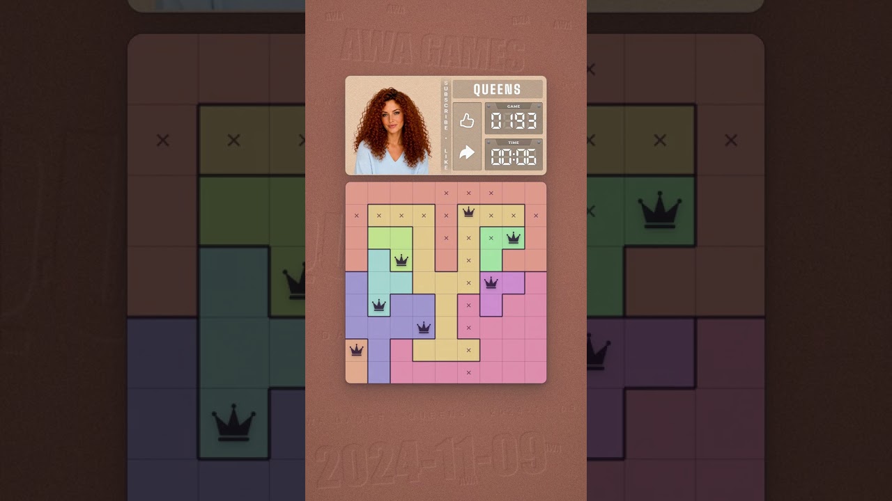 LinkedIn Queens #193 solved board for November 9, 2024, 9x9 grid