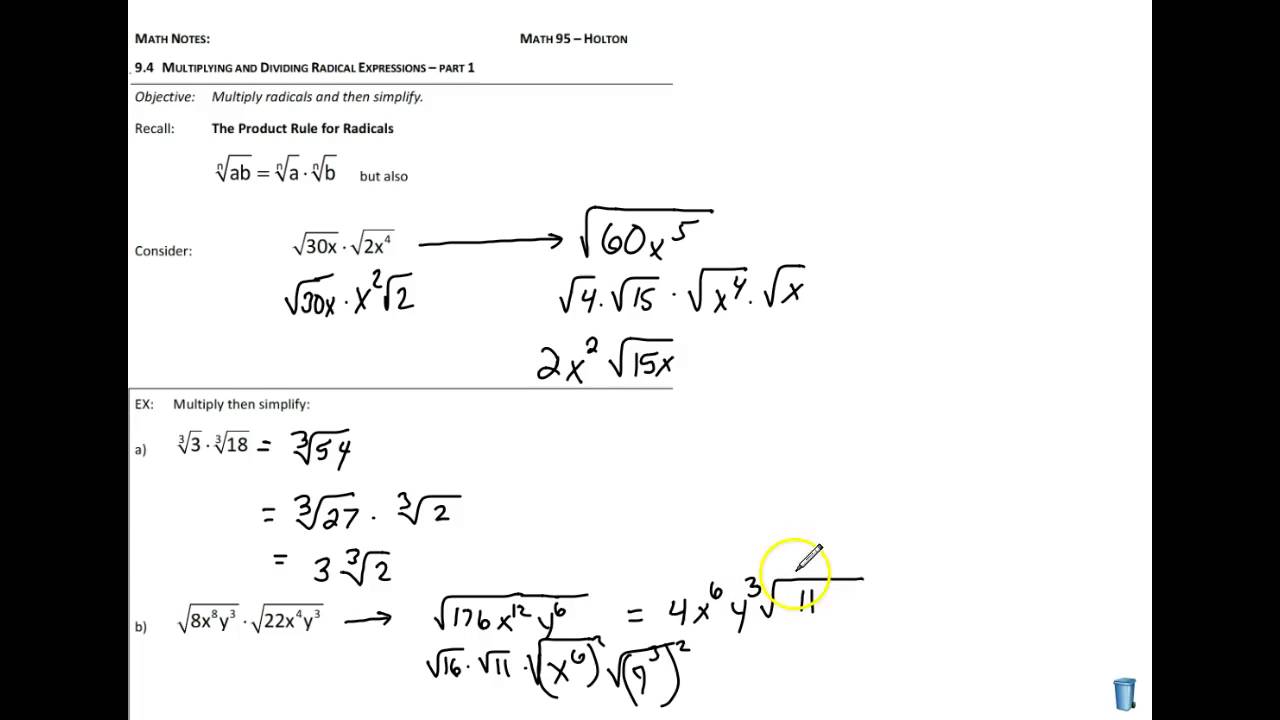 9.4 Multiplying and Dividing Radical Expressions - part 1 - YouTube
