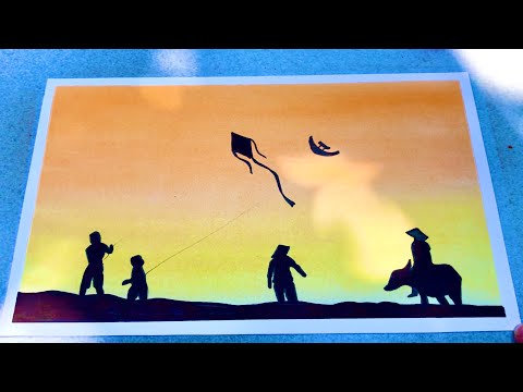 Video vẽ tranh phong cảnh thả diều trên cánh đồng - youtube