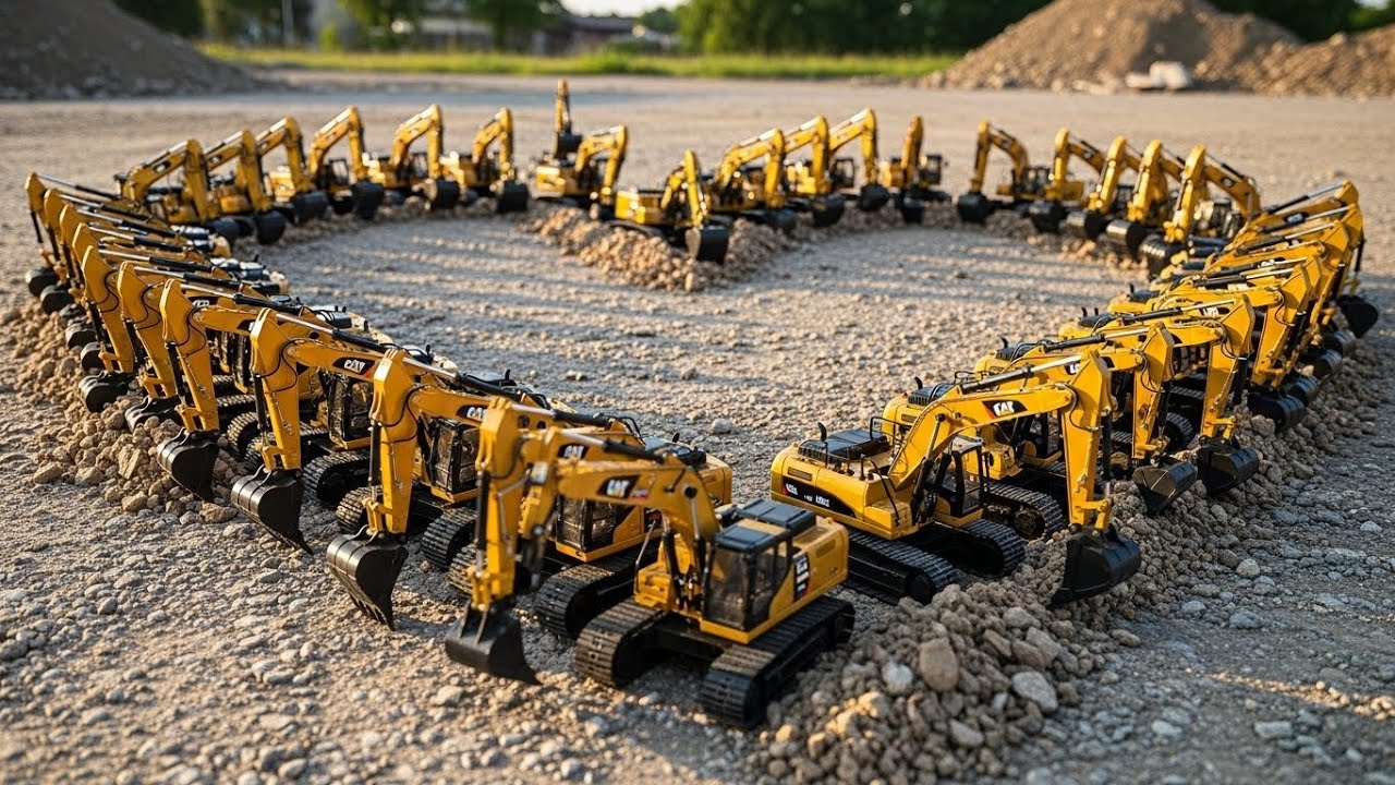 RC Excavator RC Dump Truck RC Roller Working Together on Construction Site