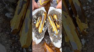 Golden Crystal Blades Hidden Inside a Sparkling Quartz Geode 🧡🔥🔥 #cryatals #gold