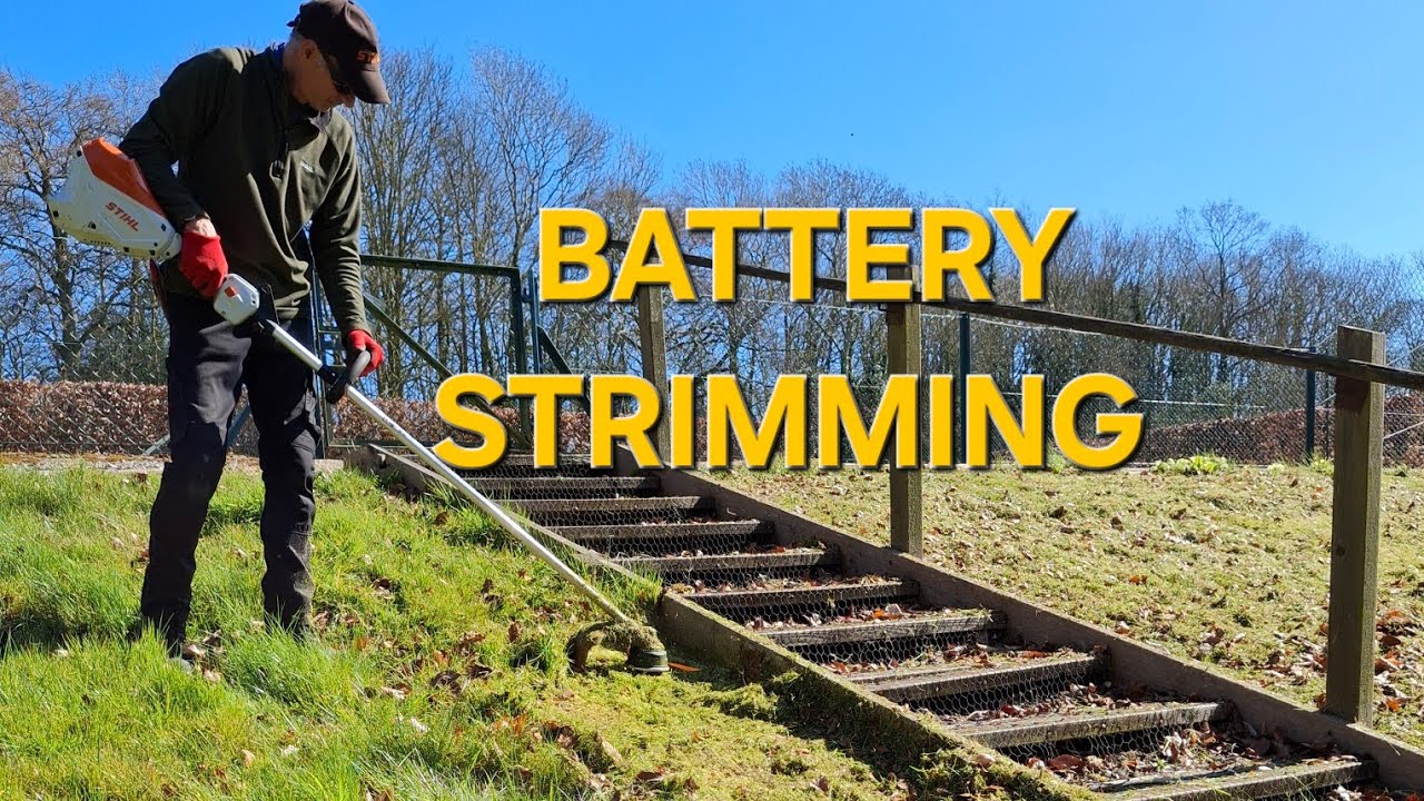 Strimming a grass bank, using the Stihl FSA 120R battery brush cutter