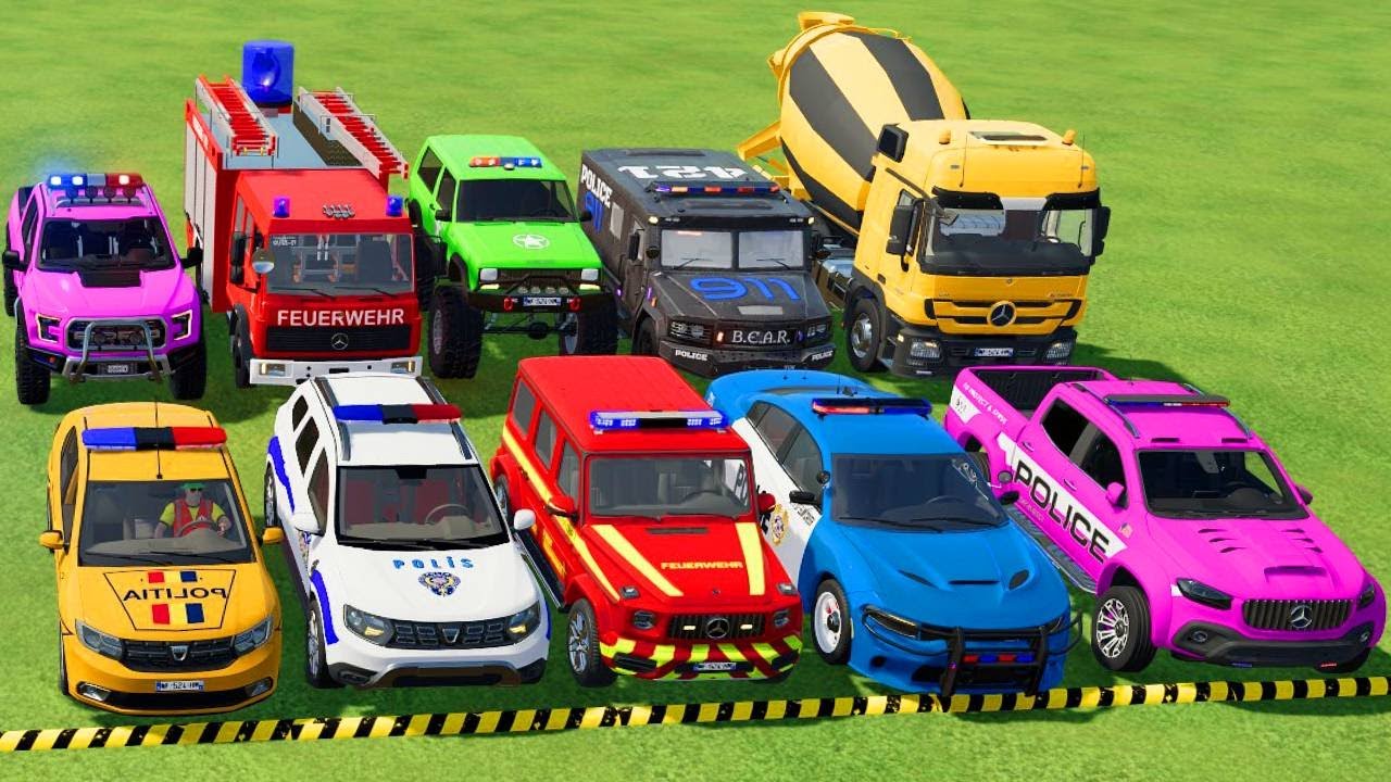 TRANSPORTING POLICE CARS, AMBULANCE, FIRE TRUCK, COLORFUL CARS WITH TRUCK -FARMING SIMULATOR 22!