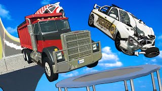 We Launched Loaded Diesel Trucks Into a Giant Trampoline!  (BeamNG Multiplayer Crashes)