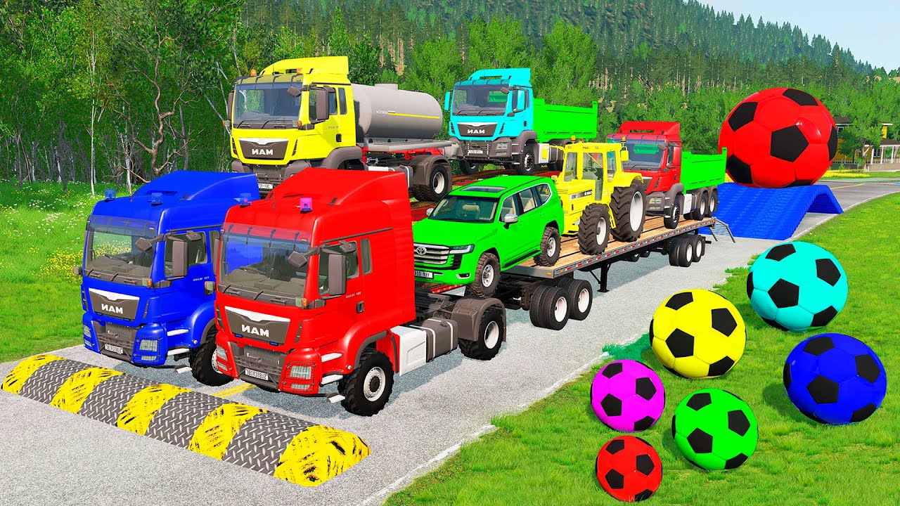 Flatbed Trailer McQueen Transportation with Truck - Speedbumps vs Cars vs Train - BeamNG.Drive #16