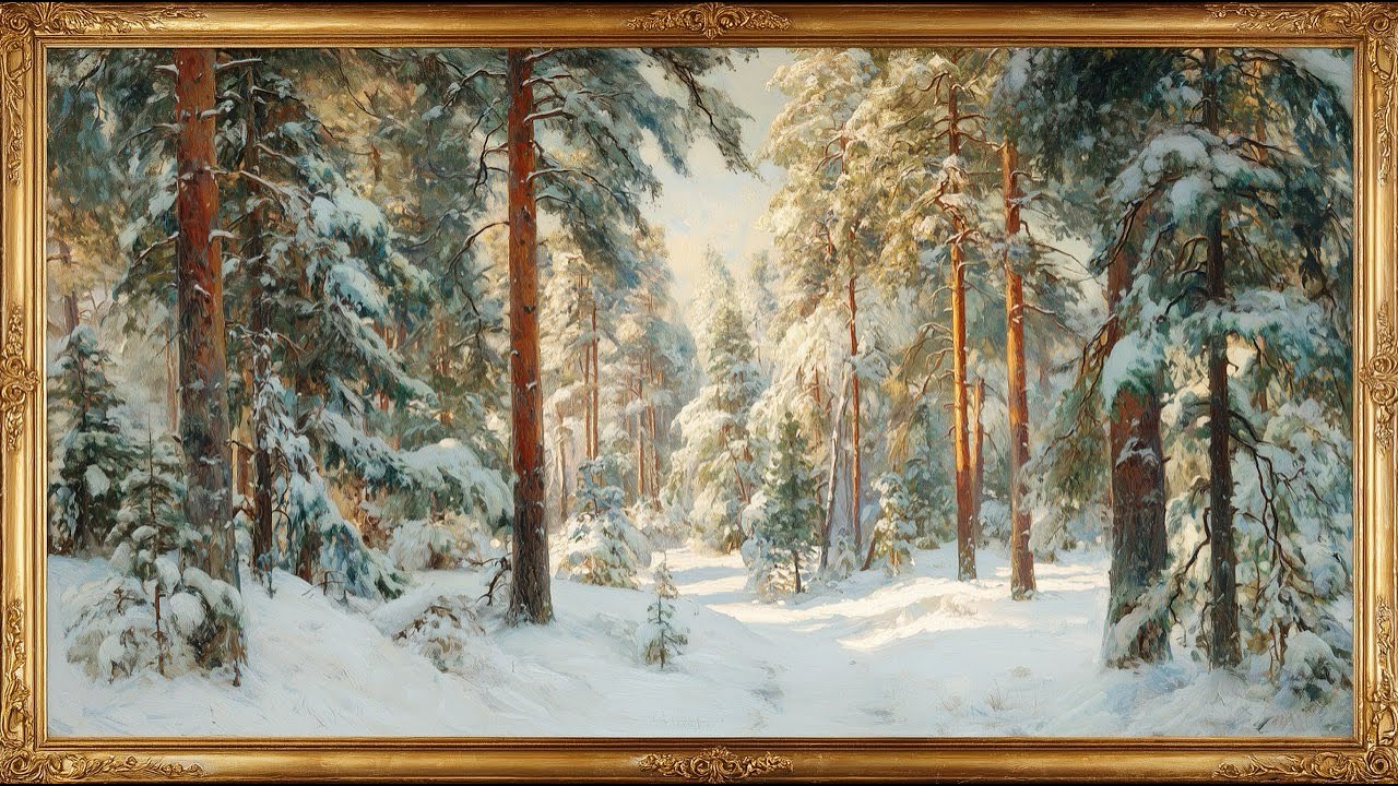 Snowy Pine Forest Animated| Vintage Oil Painting with Christmas Jazz | Framed Art TV Wallpaper 4K