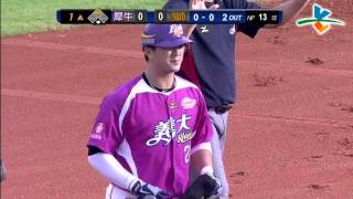 20130720 CPBL 犀牛 VS 獅 1上 保送沒有比較好,高國輝擊出車布邊的二壘安打