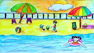 رسم سهل لشاطئ البحر في فصل الصيف  واللعب في الرمال والسباحه رسم سهل للمصيف