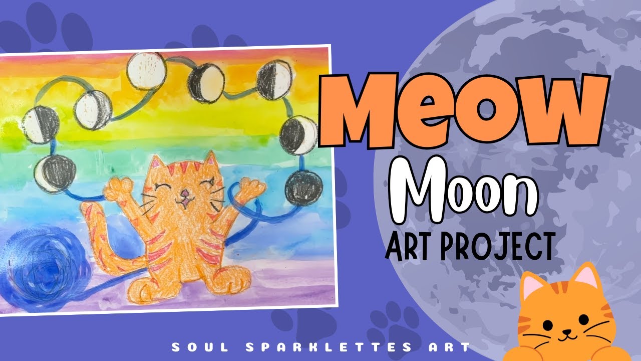 Cute Cat + Moon Phases Art Lesson. Easy Watercolor and Crayon Project