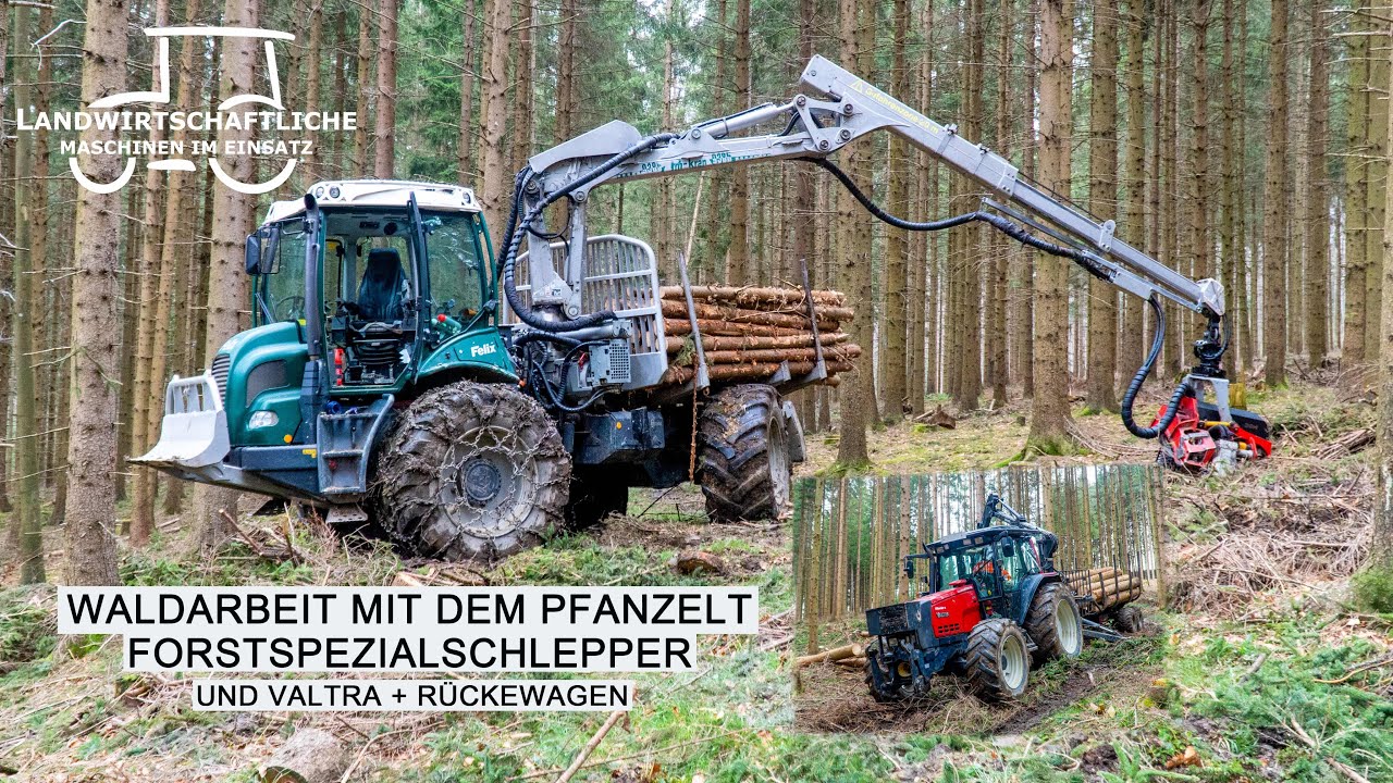 Forstspezialschlepper Pfanzelt Felix im Einsatz | Valtra + Rückewagen | Forest | Bäume fällen | 4K