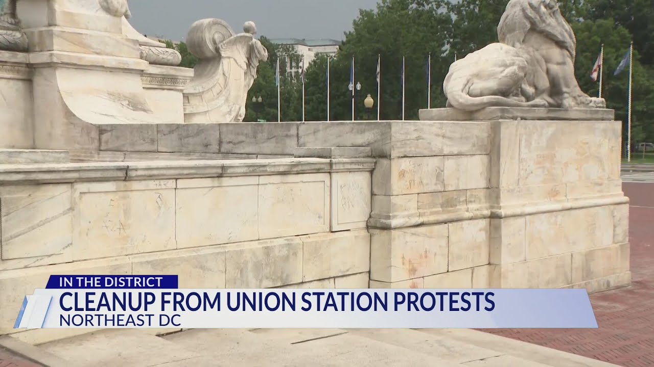 Post-protest clean-up begins at Columbus Circle near DC’s Union Station