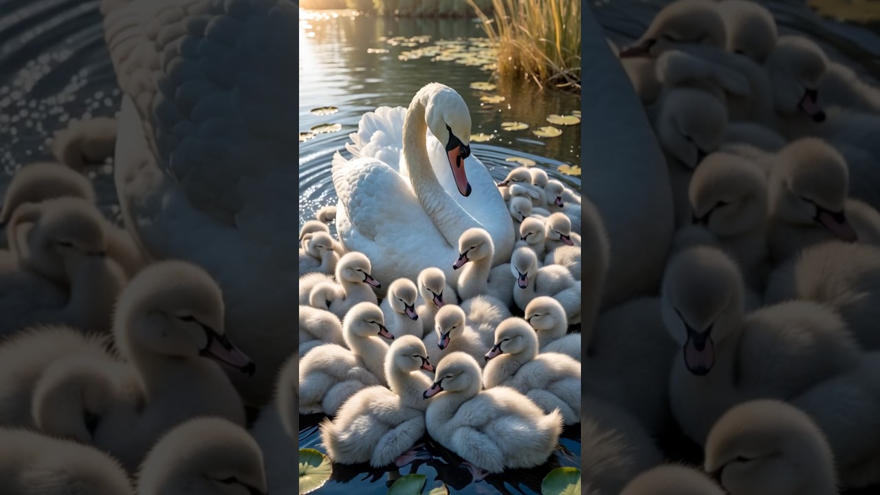Majestic Swan Mother and Her Fluffy Cygnets – A Breathtaking Sight! 