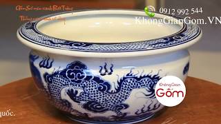 Thống phong thủy vẽ rồng - Đồ thờ cúng Bát Tràng men xanh vẽ thường - Không Gian Gốm