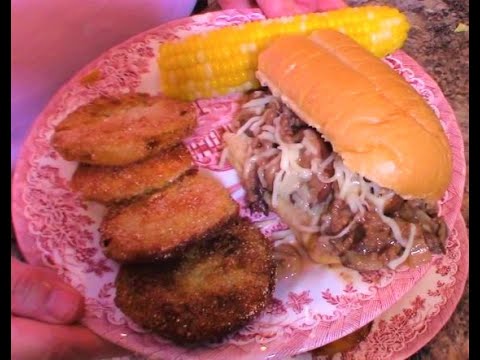 Easy Ground Beef Hoagie Sandwiches with Fried Green Tomatoes and Microwaved Corn of the Cob - YUM!
