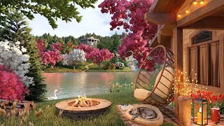 Spring Cozy Cabin Porch with Cherry Blossoms Trees Ambience, Campfire and Relaxing Forest Sounds