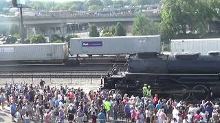 BNSF intermodal stack train meets Union Pacific Big Boy 4014 steam engine in Kansas City, MO.