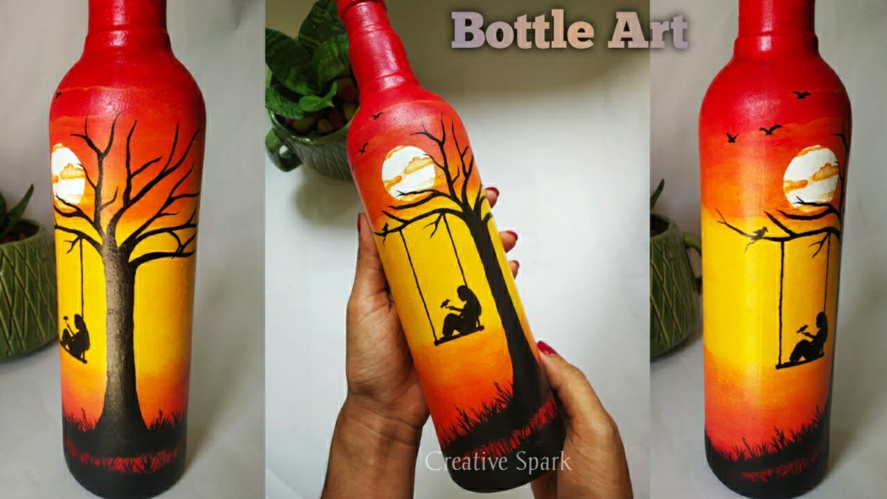 Easy & Attractive Sunset Painting on Bottle /Simple Bottle Art for ...