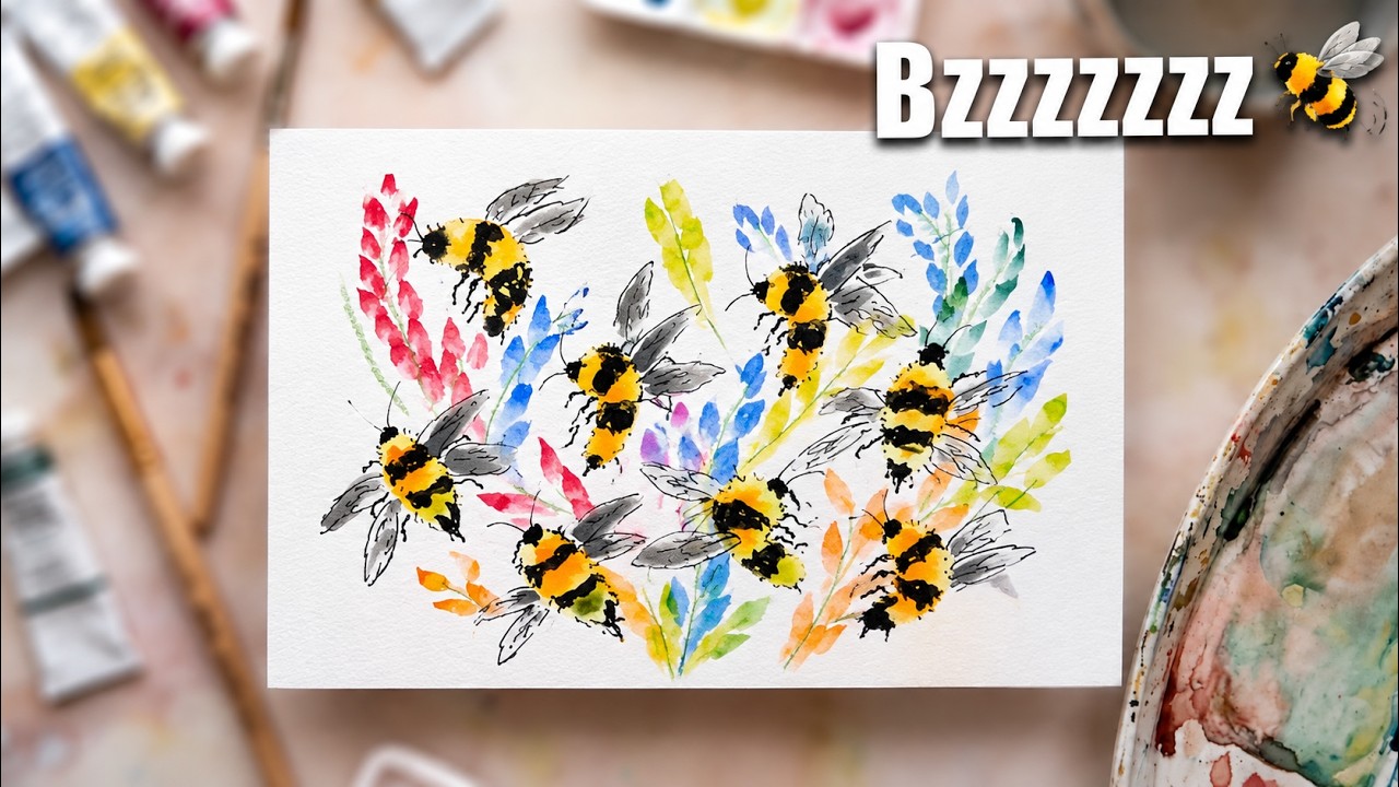 Relax With A Watercolor ASMR | Turn Blobs into Cute Bees 🐝