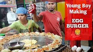 Young Boy Making EGG BURGER | Super Fast Cooking Skills | Perfect Egg Anda Bun Kabab at Street Food