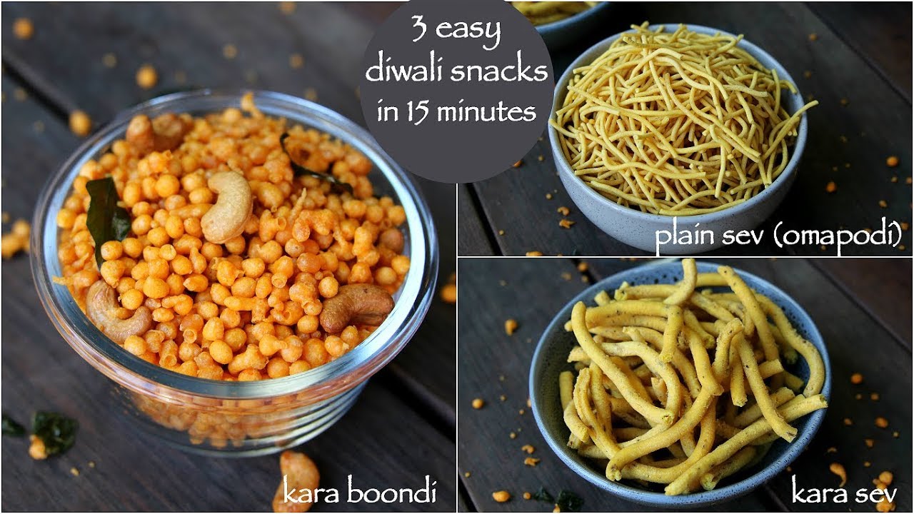 3 easy diwali snacks recipe | boondi recipe | omapodi or plain sev | kara sev | Hebbar Kitchen