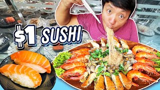 $1 ROTATING SUSHI & MASSIVE Seafood Noodle + Cake in a Can VENDING MACHINE in Singapore