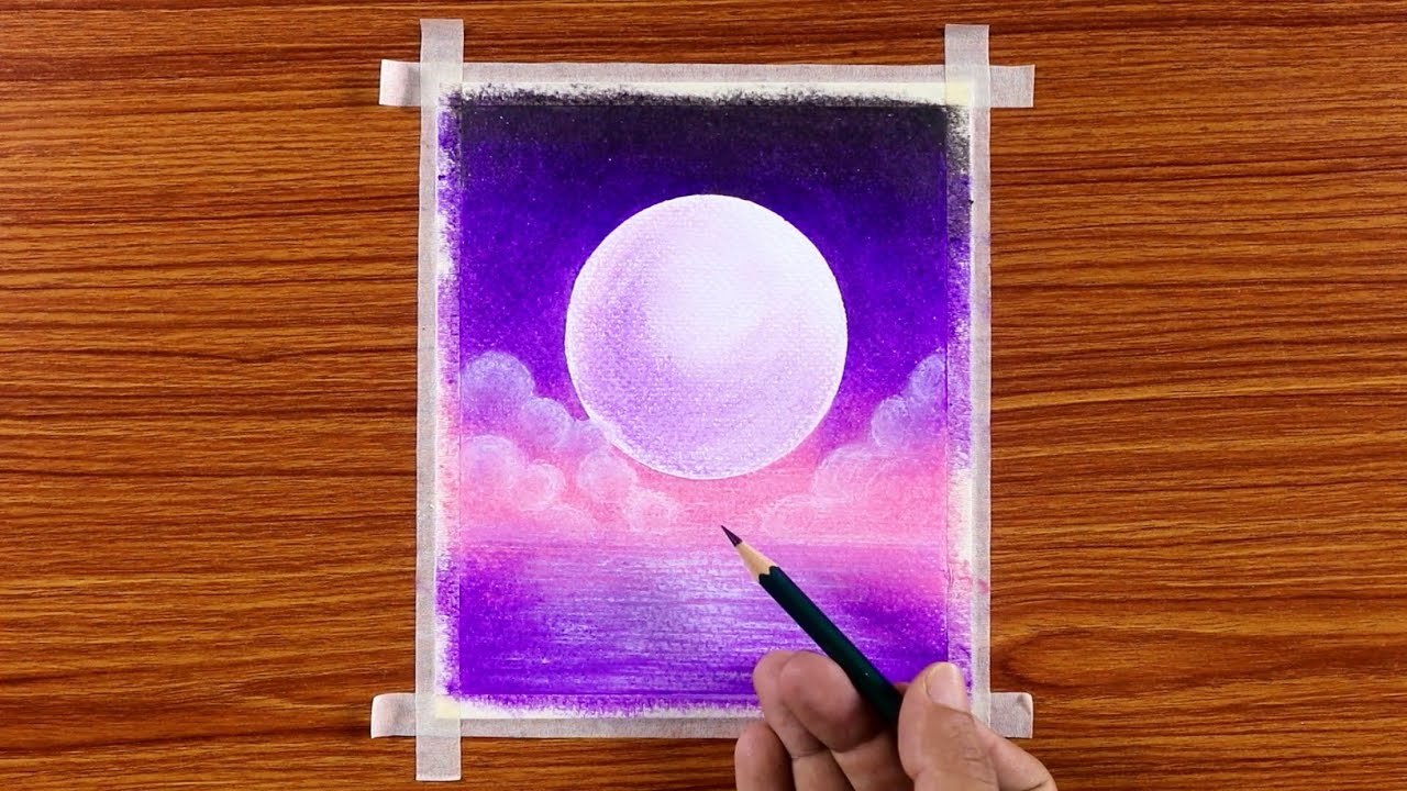 Beautiful Riverside Moonlight Scenery / Oil Pastel Drawing / Step by Step